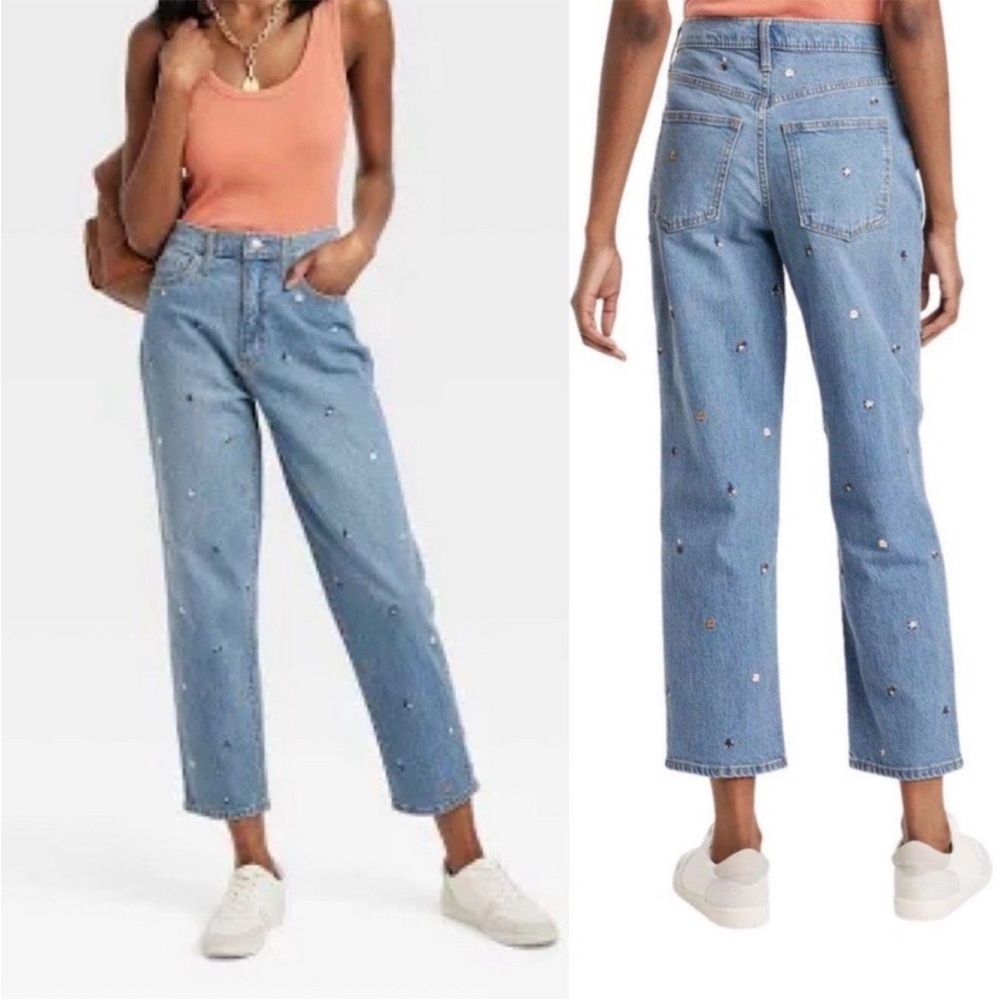 High-Rise Embellished Straight-Leg Jeans - Blue